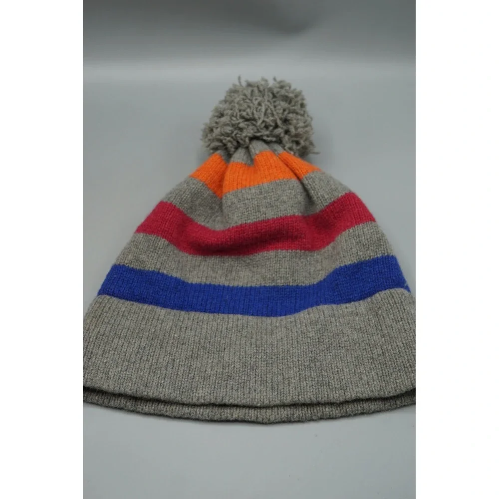 Patagonia Vintage Town Beanie Grey Striped Wool Blend Pom Pom Hat